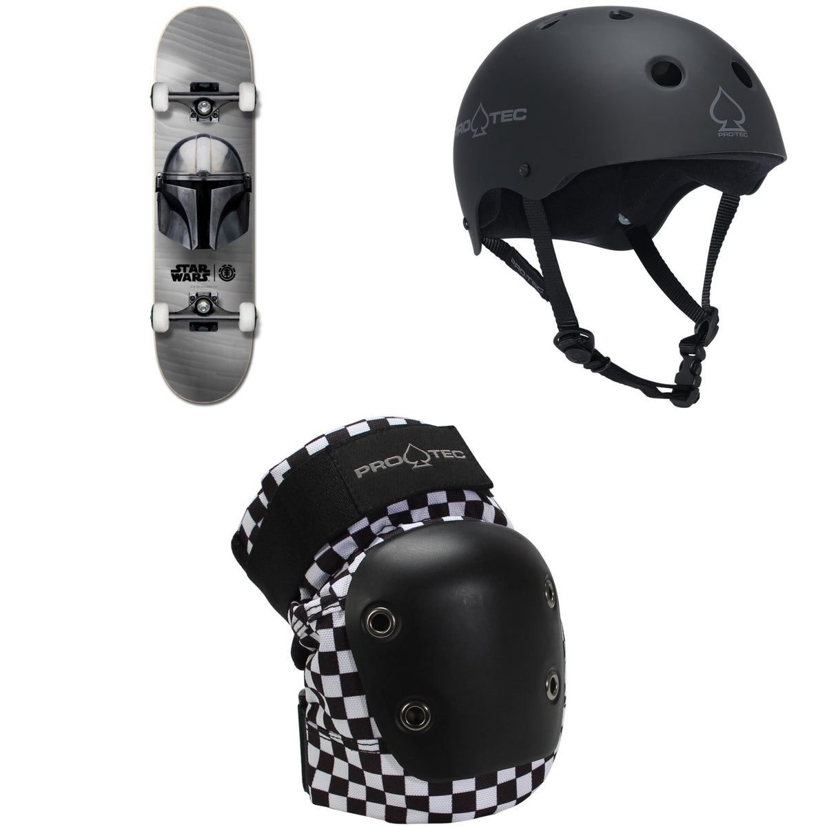 Element Star Wars Beskar 8.0 Skateboard Complete + Pro-Tec The Classic Certified EPS Skateboard Helmet + Street Skateboard Knee Pads