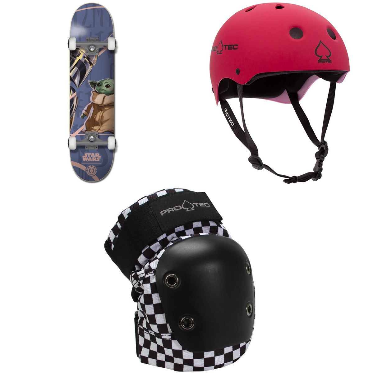 Element Star Wars Mando Child 8.0 Skateboard Complete + Pro-Tec Classic Skate Skateboard Helmet + Street Skateboard Knee Pads
