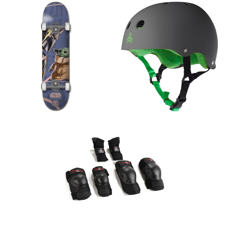Element Star Wars Mando Child 8.0 Skateboard Complete + Triple 8 Sweatsaver Liner Skateboard Helmet + Saver Series High Impact Skateboard Pad Set