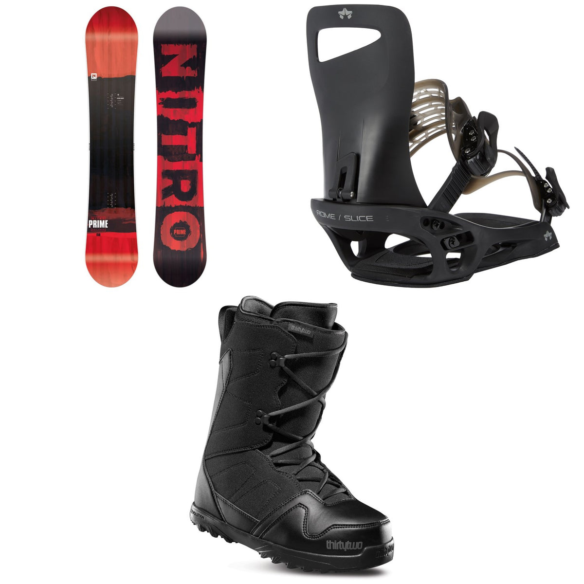 Nitro Prime Screen Snowboard + Rome Slice SE Snowboard Bindings + thirtytwo Exit Snowboard Boots 2020