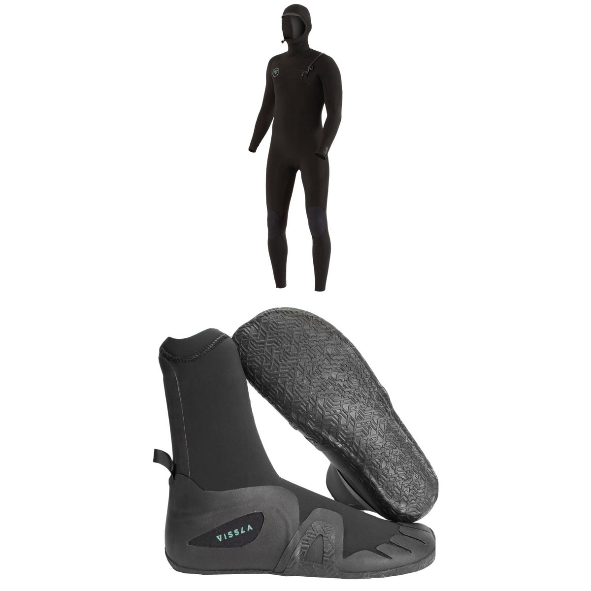 Vissla 7 Seas 5/4 Chest Zip Hooded Wetsuit + 7 Seas 5mm Round Toe Wetsuit Boots