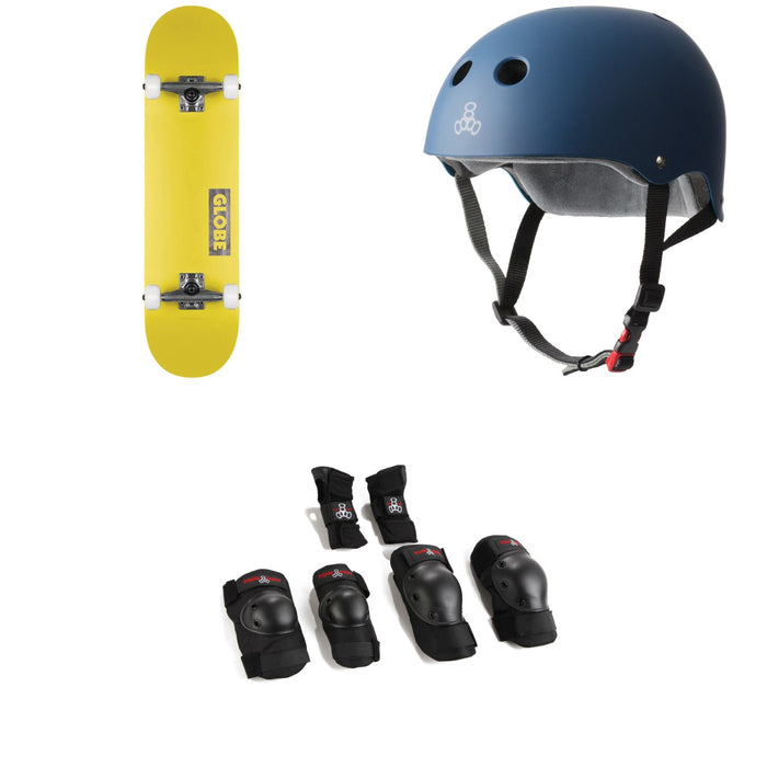 Globe Goodstock Skateboard Complete + Triple 8 The Certified Sweatsaver Skateboard Helmet + Saver Series High Impact Skateboard Pad Set