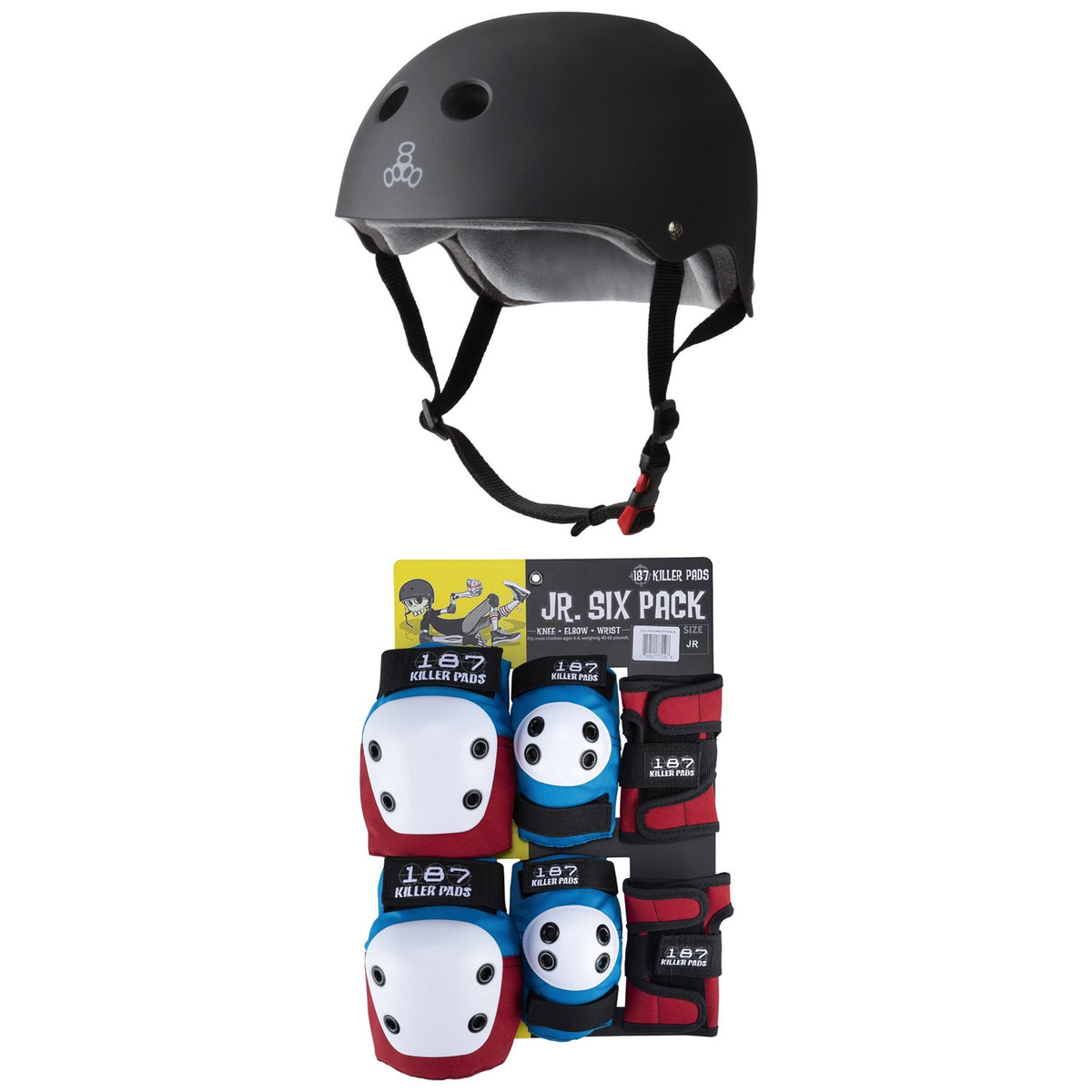 Triple 8 The Certified Sweatsaver Skateboard Helmet + 187 Junior Six Pack Skateboard Pad Set - Little Kids'
