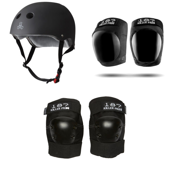 Triple 8 The Certified Sweatsaver Skateboard Helmet + 187 Pro Skateboard Knee Pads + 187 Pro Skateboard Elbow Pads