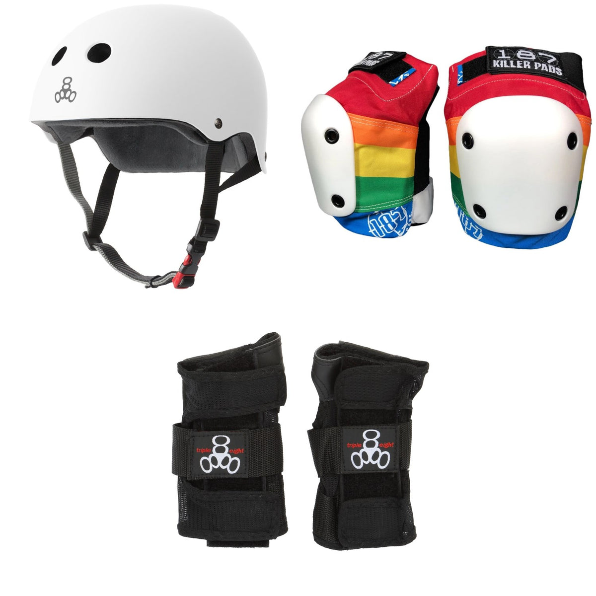 Triple 8 The Certified Sweatsaver Skateboard Helmet + 187 Slim Knee Pads + Triple 8 Wristsaver Slide On Wrist Guards