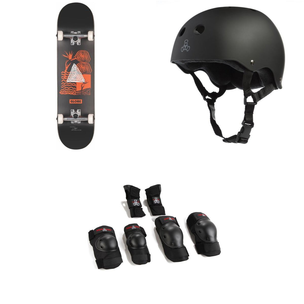 Globe G1 Fairweather Skateboard Complete + Triple 8 Sweatsaver Liner Skateboard Helmet + Saver Series High Impact Skateboard Pad Set