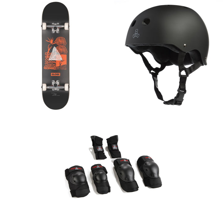 Globe G1 Fairweather Skateboard Complete + Triple 8 Sweatsaver Liner Skateboard Helmet + Saver Series High Impact Skateboard Pad Set