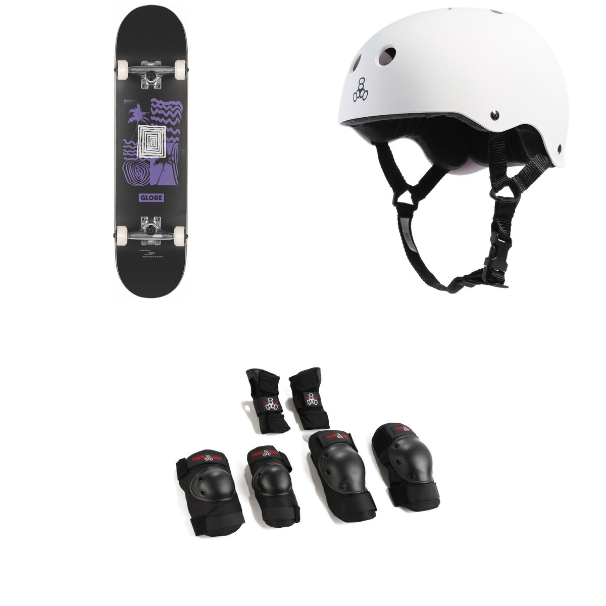 Globe G1 Fairweather Skateboard Complete + Triple 8 Sweatsaver Liner Skateboard Helmet + Saver Series High Impact Skateboard JR Pad Set