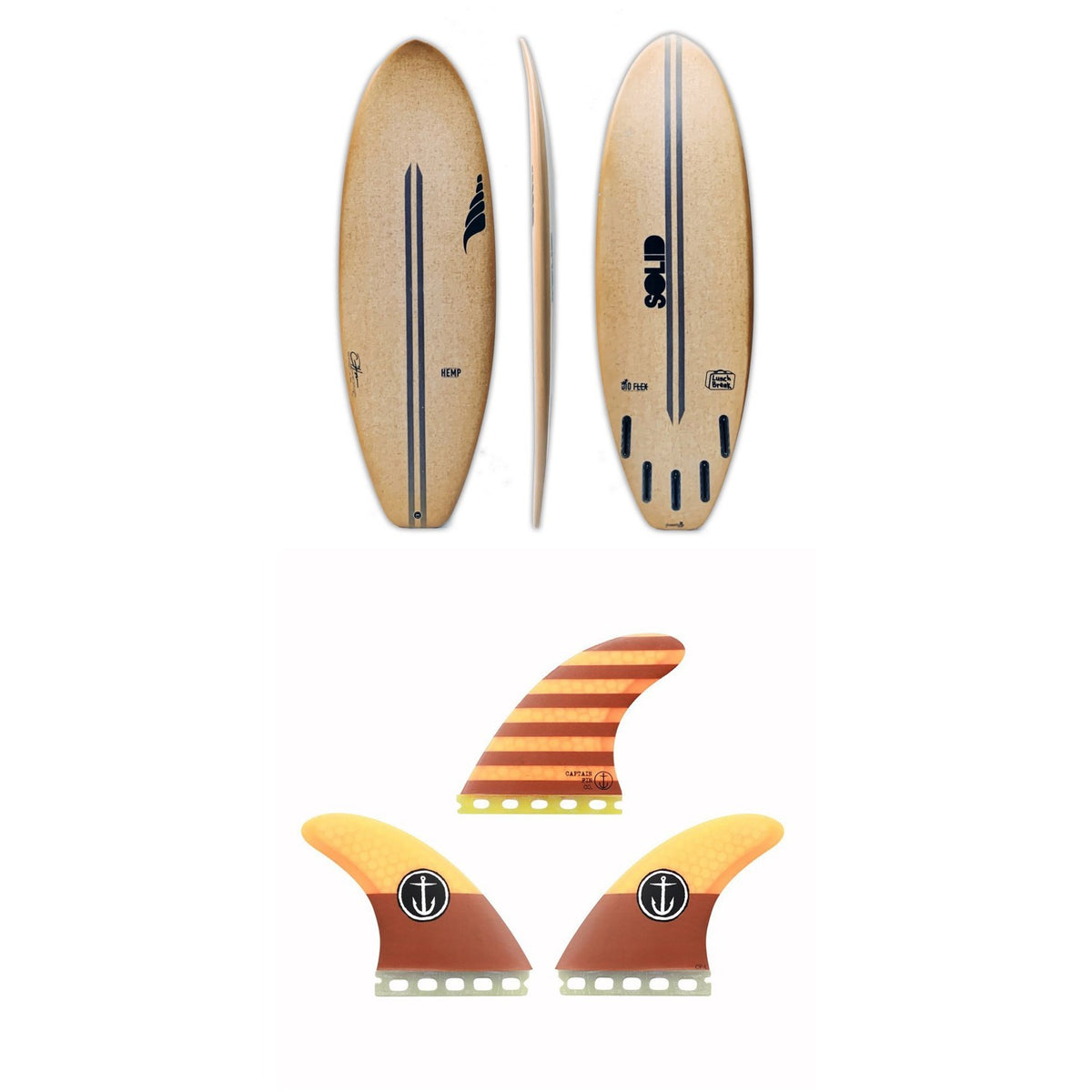 Solid Surf Co Lunch Break Surfboard + Captain Fin CF Large Single Tab Tri Fin Set
