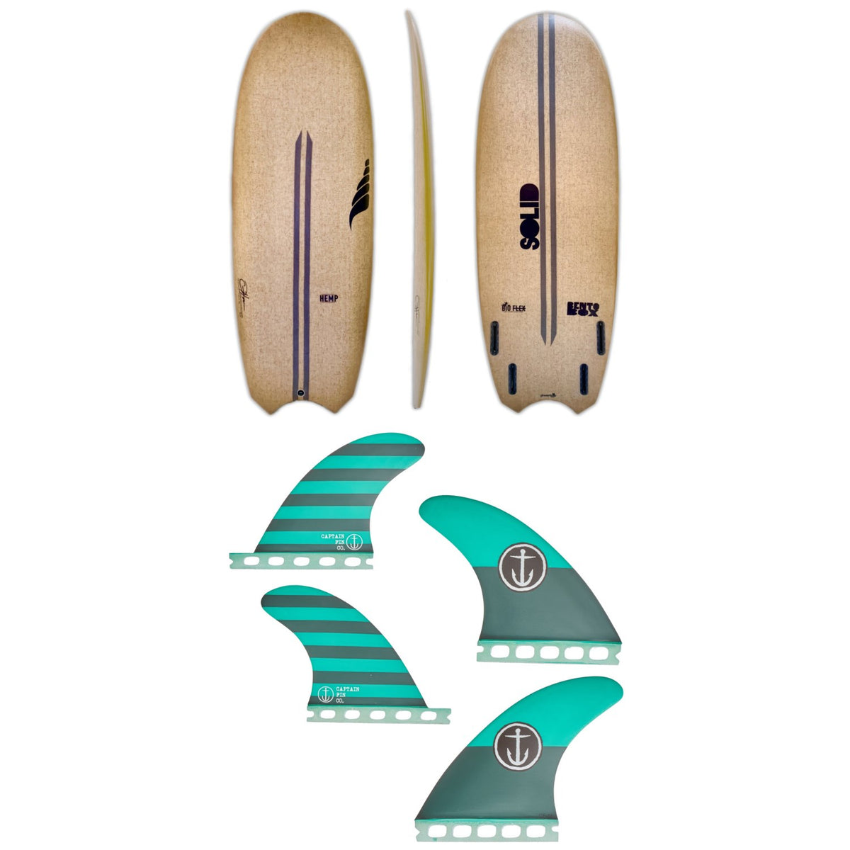 Solid Surf Co Bento Box Surfboard + Captain Fin CF Medium Single Tab Quad Fin Set
