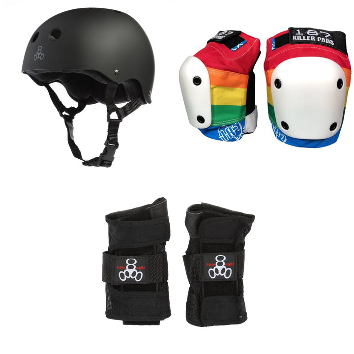 Triple 8 Sweatsaver Liner Skateboard Helmet + 187 Slim Knee Pads + Triple 8 Wristsaver Slide On Wrist Guards