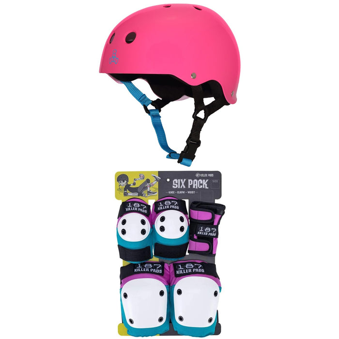 Triple 8 Sweatsaver Liner Skateboard Helmet + 187 Junior Skateboard Pad Set - Kids'