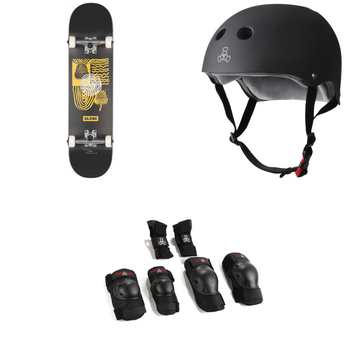 Globe G1 Fairweather Skateboard Complete + Triple 8 The Certified Sweatsaver Skateboard Helmet + Saver Series High Impact Skateboard Pad Set