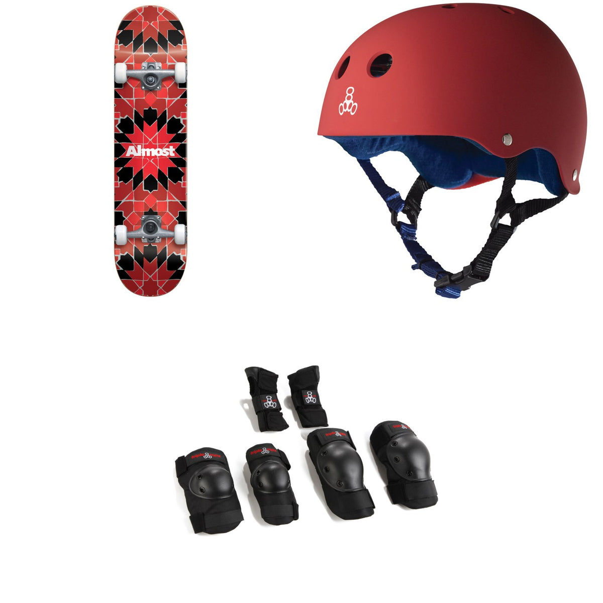 Almost Tile Pattern FP 7.75 Skateboard Complete + Triple 8 Sweatsaver Liner Skateboard Helmet + Saver Series High Impact JR Skateboard Pad Set