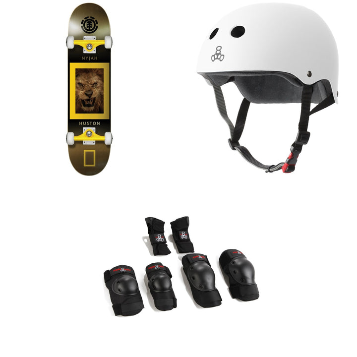 Element Nat Geo King Jungle Nyjah 8.0 Skateboard Complete + Triple 8 The Certified Sweatsaver Skateboard Helmet + Saver Series High Impact Skateboard Pad Set