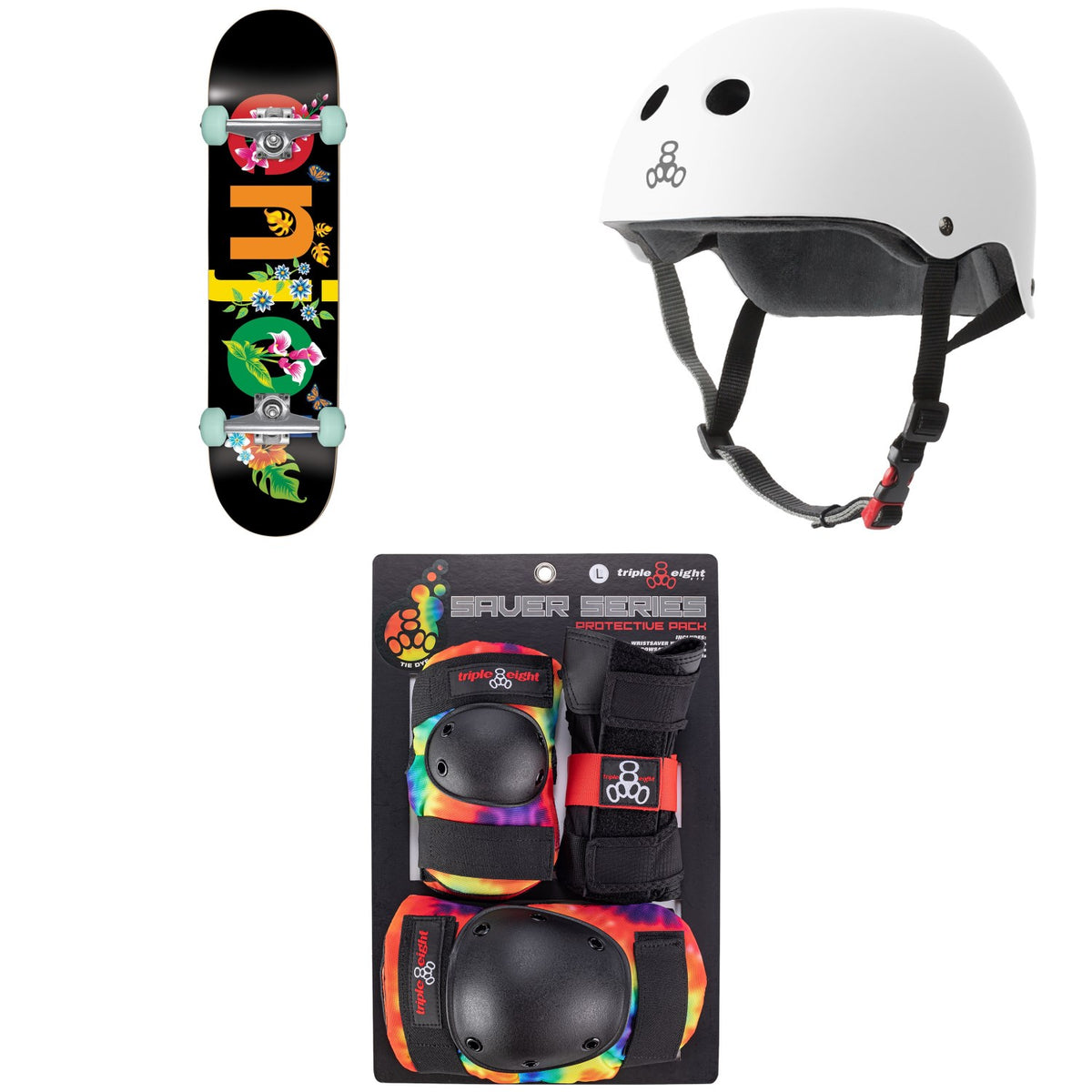 Enjoi Flowers Resin Premium 8.0 Skateboard Complete + Triple 8 The Certified Sweatsaver Skateboard Helmet + Saver Series Color Collection Skateboard Pad Set