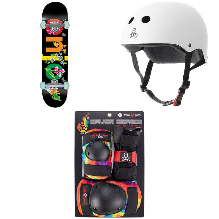 Enjoi Flowers Resin Premium 8.0 Skateboard Complete + Triple 8 The Certified Sweatsaver Skateboard Helmet + Saver Series Color Collection Skateboard Pad Set