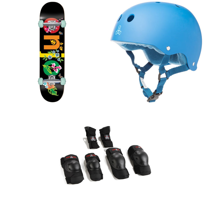 Enjoi Flowers Resin Premium 8.0 Skateboard Complete + Triple 8 Sweatsaver Liner Skateboard Helmet + Saver Series High Impact Skateboard Pad Set