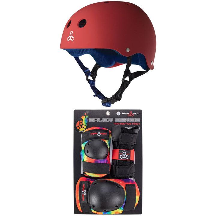 Triple 8 Sweatsaver Liner Skateboard Helmet + Saver Series Color Collection Skateboard Pad Set