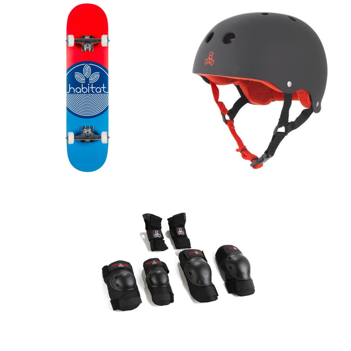 Habitat Leaf Dot Blue Complete 7.75 Skateboard Complete + Triple 8 Sweatsaver Liner Skateboard Helmet + Saver Series High Impact Skateboard JR Pad Set