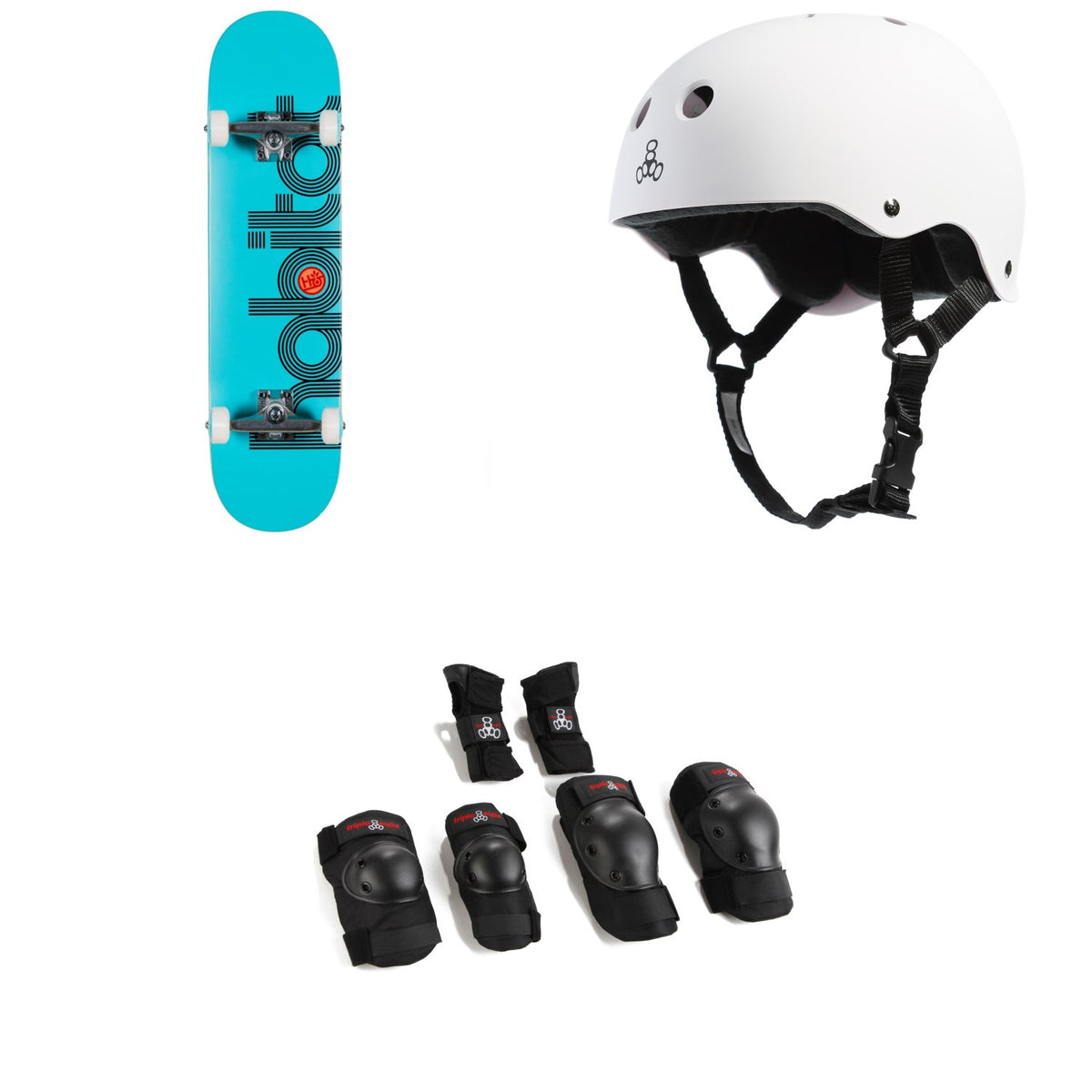 Habitat Ellipse Blue Complete 8.0 Skateboard Complete + Triple 8 Sweatsaver Liner Skateboard Helmet + Triple 8 Saver Series High Impact Skateboard Pad Set