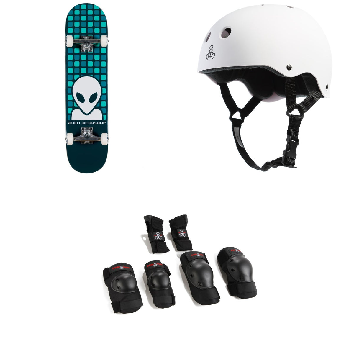 Alien Workshop Matrix Blue Complete 7.75 Skateboard Complete + Triple 8 Sweatsaver Liner Skateboard Helmet + Triple 8 Saver Series High Impact Skateboard Pad Set