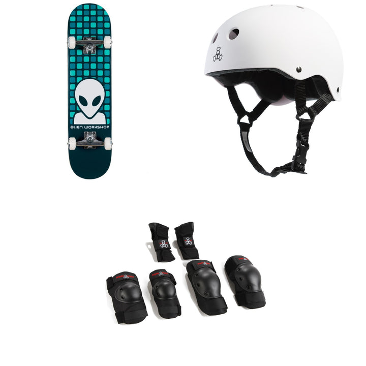 Alien Workshop Matrix Blue Complete 7.75 Skateboard Complete + Triple 8 Sweatsaver Liner Skateboard Helmet + Triple 8 Saver Series High Impact Skateboard Pad Set