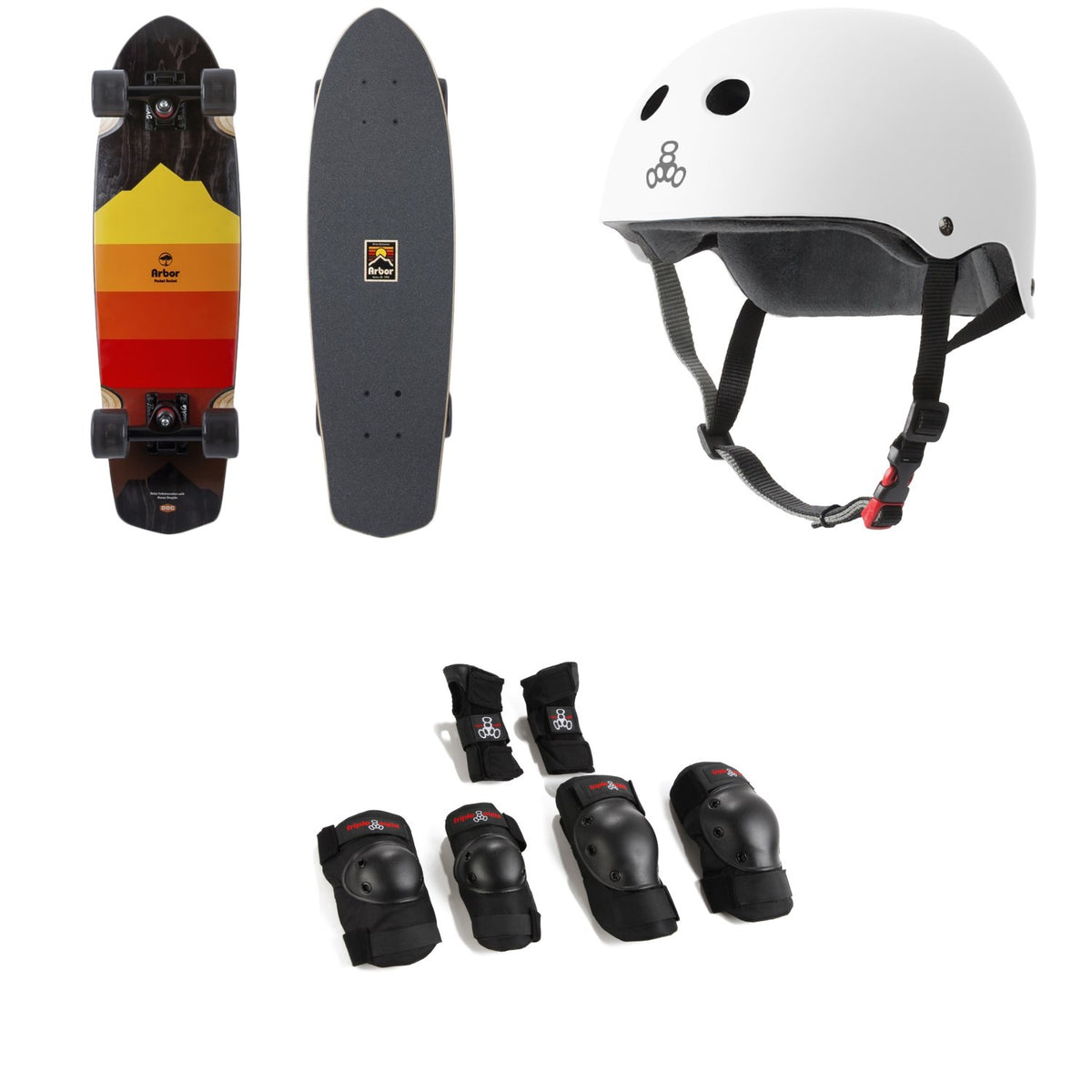 Arbor Pocket Rocket Artist Cruiser Skateboard Complete + Triple 8 The Certified Sweatsaver Skateboard Helmet + Saver Series High Impact Skateboard Pad Set