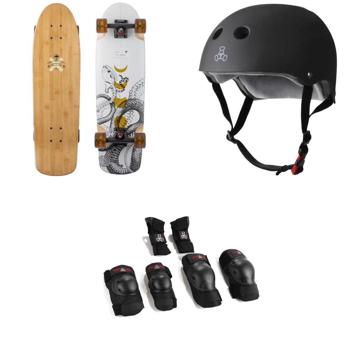 Arbor Pilsner Bamboo Cruiser Skateboard Complete + Triple 8 The Certified Sweatsaver Skateboard Helmet + Saver Series High Impact 3 Skateboard Pad Set
