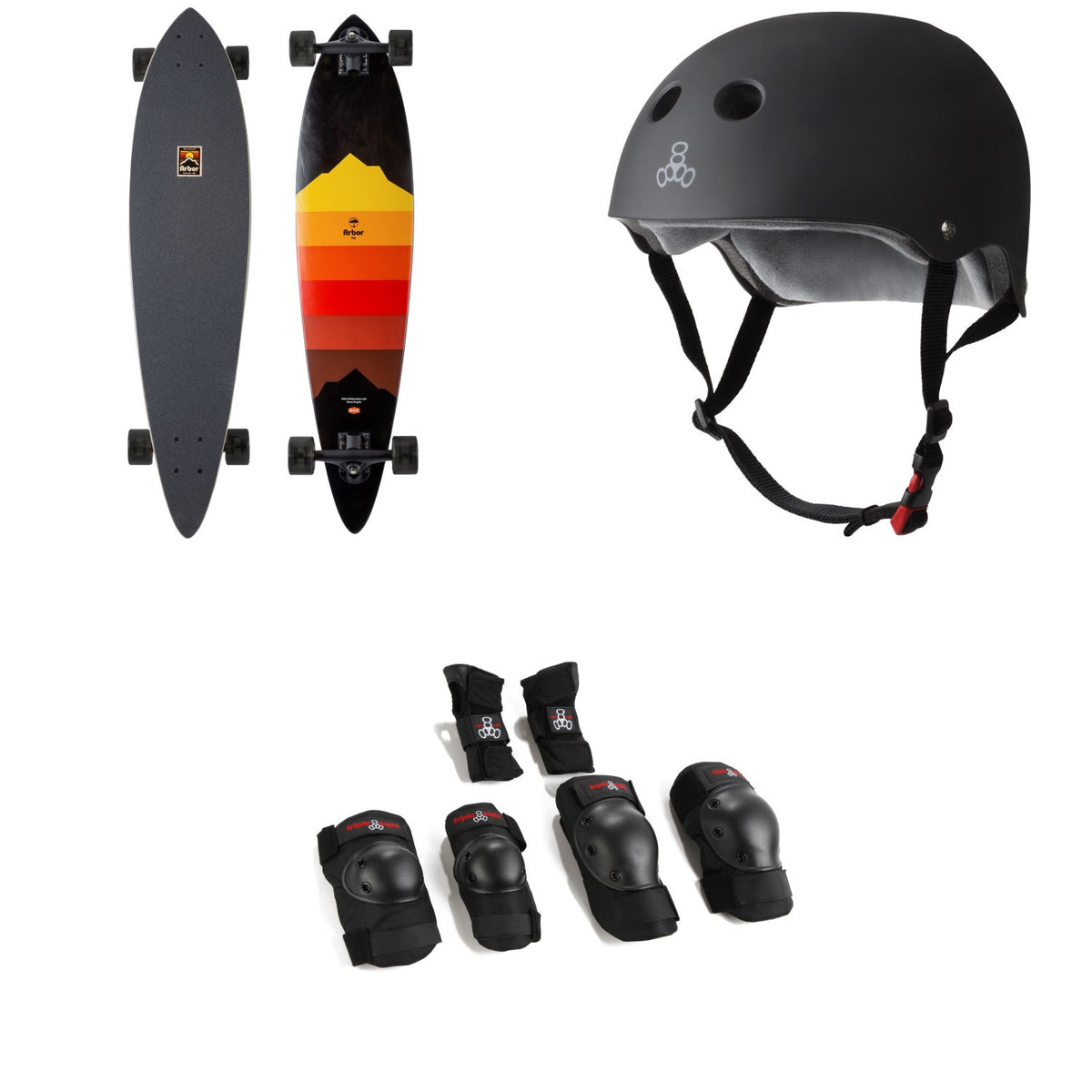 Arbor Fish Artist Draplin Longboard Complete + Triple 8 The Certified Sweatsaver Skateboard Helmet + Saver Series High Impact Pad Set