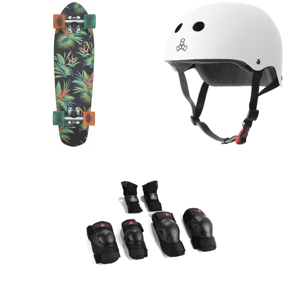 Globe Blazer Cruiser Complete + Triple 8 The Certified Sweatsaver Skateboard Helmet + Saver Series High Impact Skateboard Pad Set