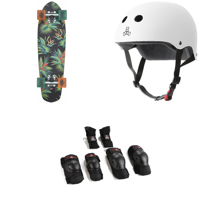 Globe Blazer Cruiser Complete + Triple 8 The Certified Sweatsaver Skateboard Helmet + Saver Series High Impact Skateboard Pad Set