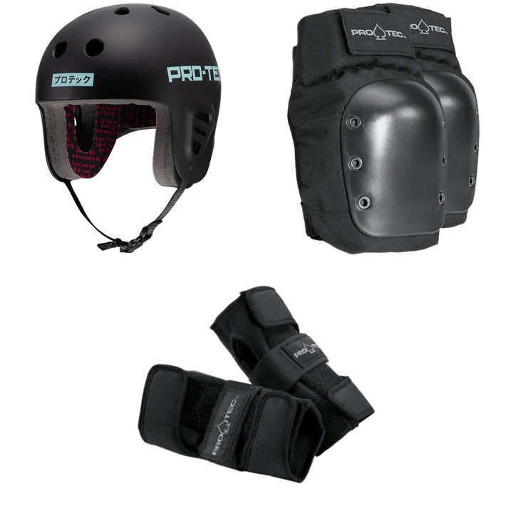 Pro-Tec The Full Cut Skateboard Helmet + Street Skateboard Knee Pads + Street Skateboard Wrist Pads