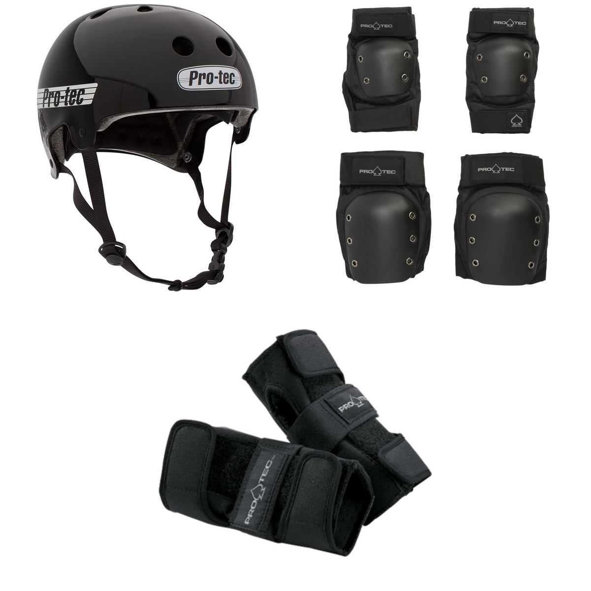 Pro-Tec Old School Certified Skateboard Helmet + Knee & Elbow Skateboard Pad Set + Street Skateboard Wrist Pads