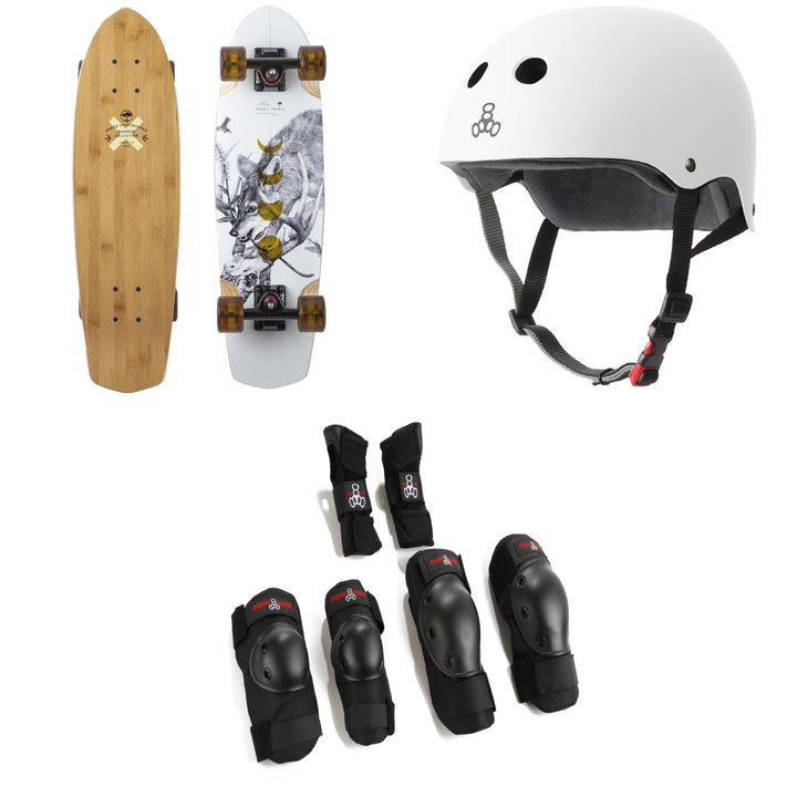 Arbor Pocket Rocket Bamboo Cruiser Skateboard Complete + Triple 8 The Certified Sweatsaver Skateboard Helmet + Saver Series High Impact Skateboard Pad Set