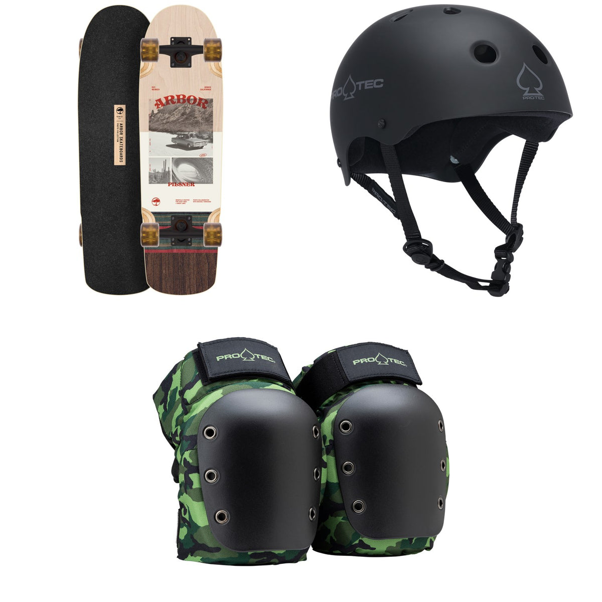 Arbor Pilsner Photo Cruiser Skateboard Complete + Pro-Tec The Classic Certified EPS Skateboard Helmet + Street Open Back Skateboard Knee Pads