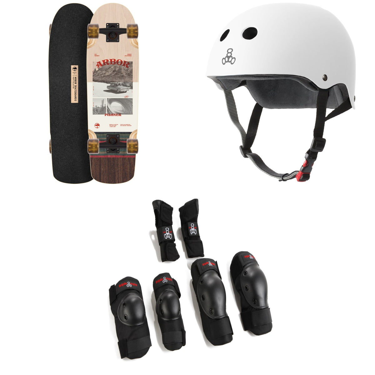 Arbor Pilsner Photo Cruiser Skateboard Complete + Triple 8 The Certified Sweatsaver Skateboard Helmet + Saver Series High Impact 3 Pack Skateboard Pad Set