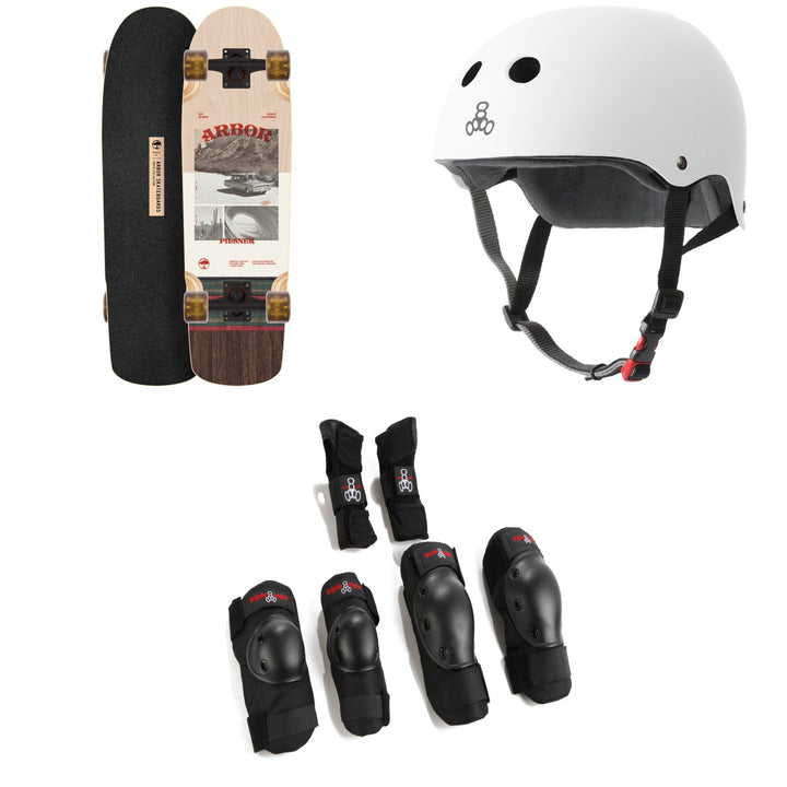 Arbor Pilsner Photo Cruiser Skateboard Complete + Triple 8 The Certified Sweatsaver Skateboard Helmet + Saver Series High Impact 3 Pack Skateboard Pad Set
