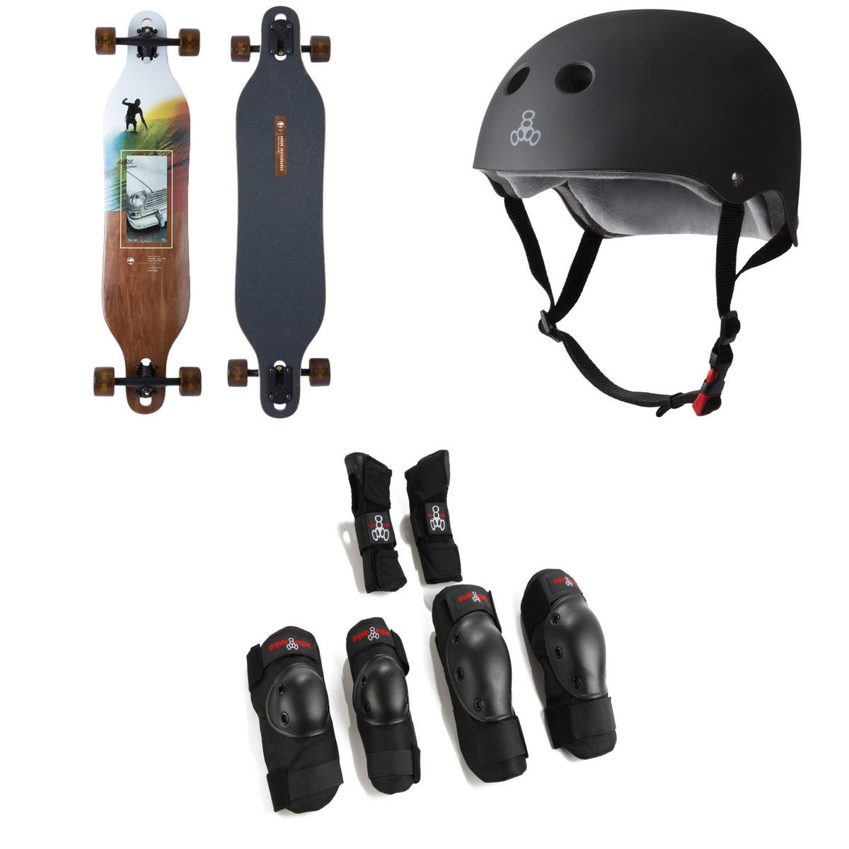 Arbor Axis Photo Longboard Complete + Triple 8 The Certified Sweatsaver Skateboard Helmet + Saver Series High Impact Skateboard Pad Set