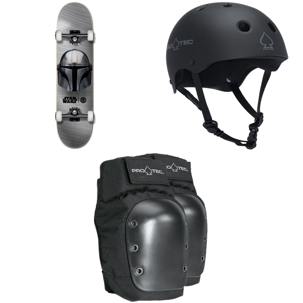 Element Star Wars Beskar 8.0 Skateboard Complete + Pro-Tec The Classic Certified EPS Skateboard Helmet + Street Skateboard Knee Pads