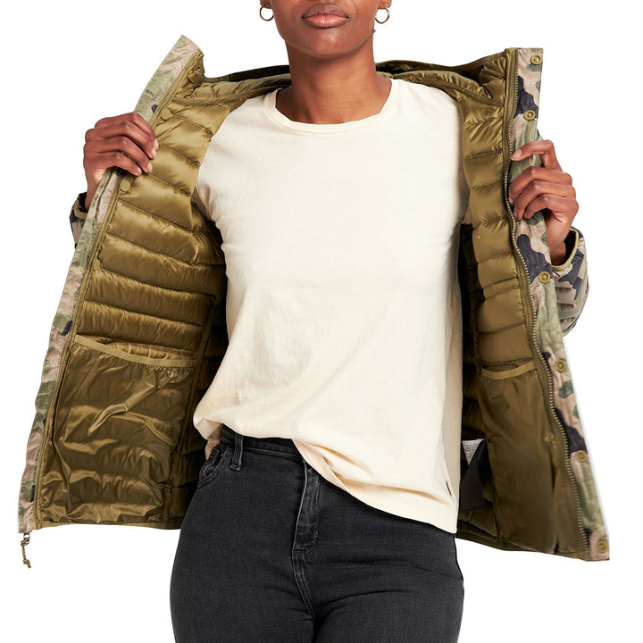 Burton Evergreen Down Hooded Jacket - Women's Martini Olive Terra Camo