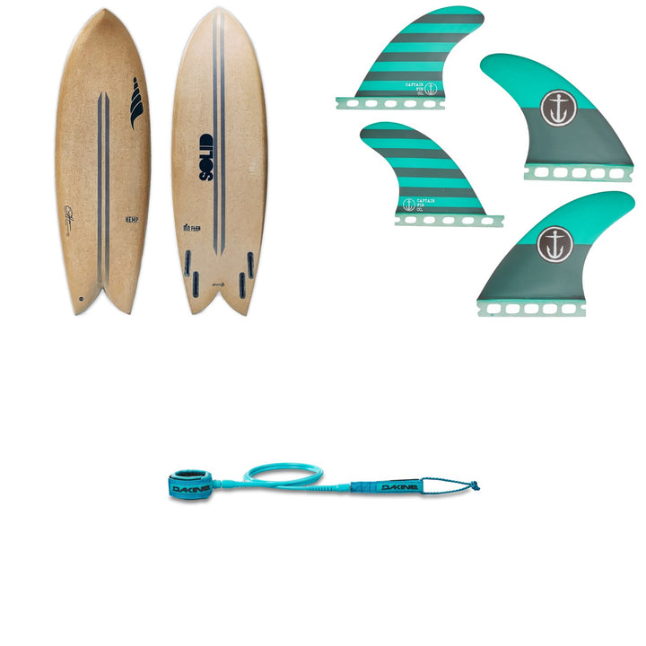 Solid Surf Co Throwback Surfboard + Captain Fin CF Medium Single Tab Quad Fin Set + Dakine Kainui Team 6' Leash