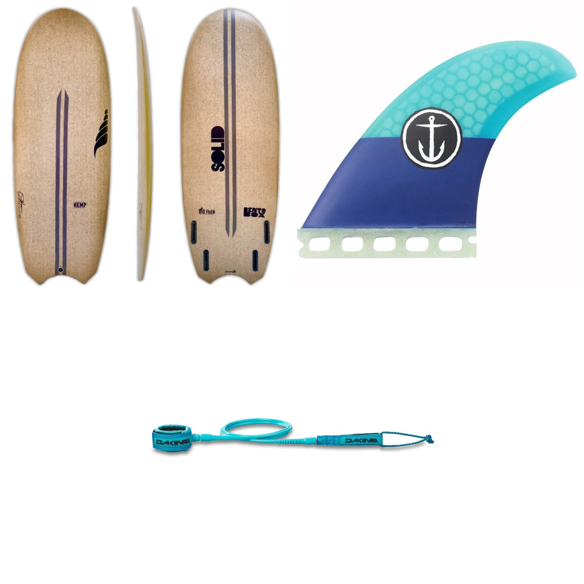 Solid Surf Co Bento Box Surfboard + Captain Fin CF Classic Quad Fin Set + Dakine Kainui Team 6' Leash