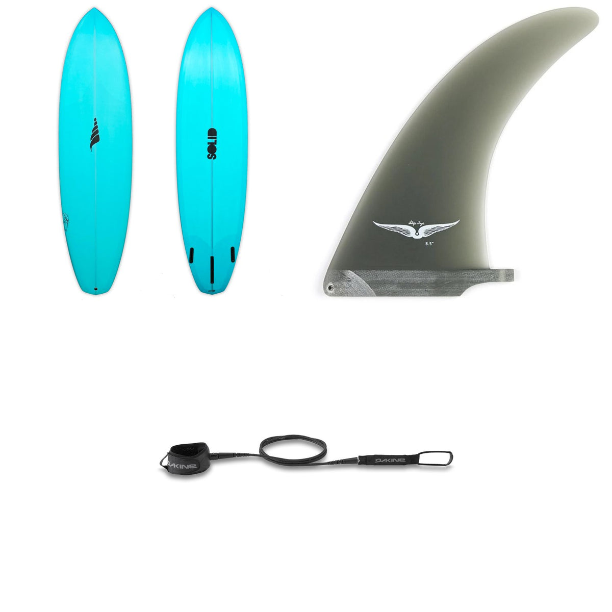 Solid Surf Co Diamond Jig Surfboard + True Ames Skip Frye Longboard Fin + Dakine Kaimana Team 8' Leash