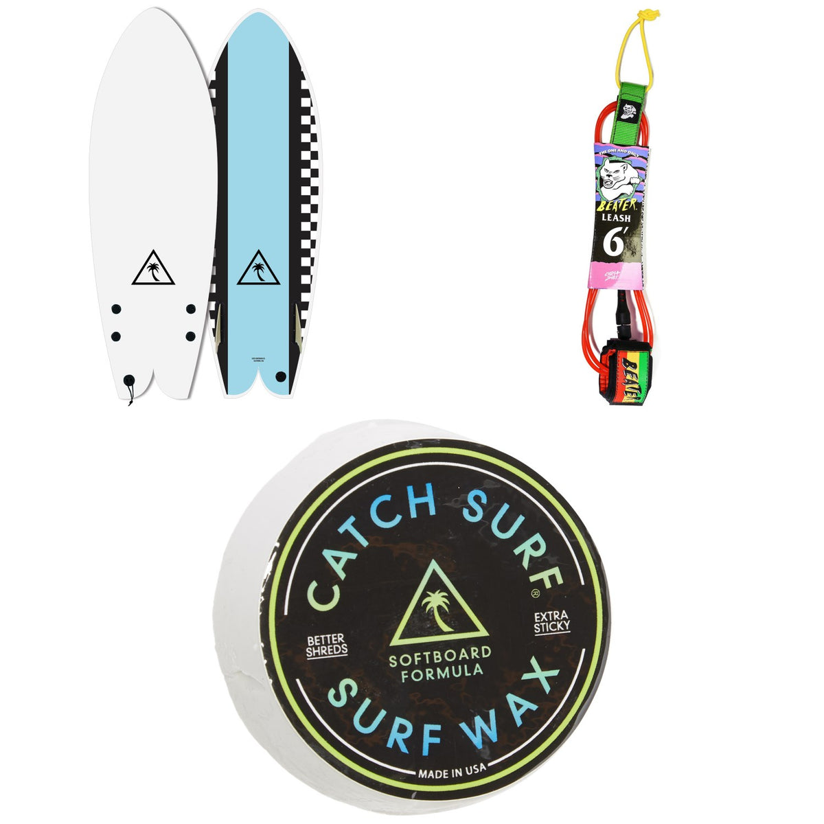 Catch Surf Heritage 5'6" Retro Fish Twin Fin Surfboard + Catch Surf Beater 6' Leash + Catch Surf Surf Wax