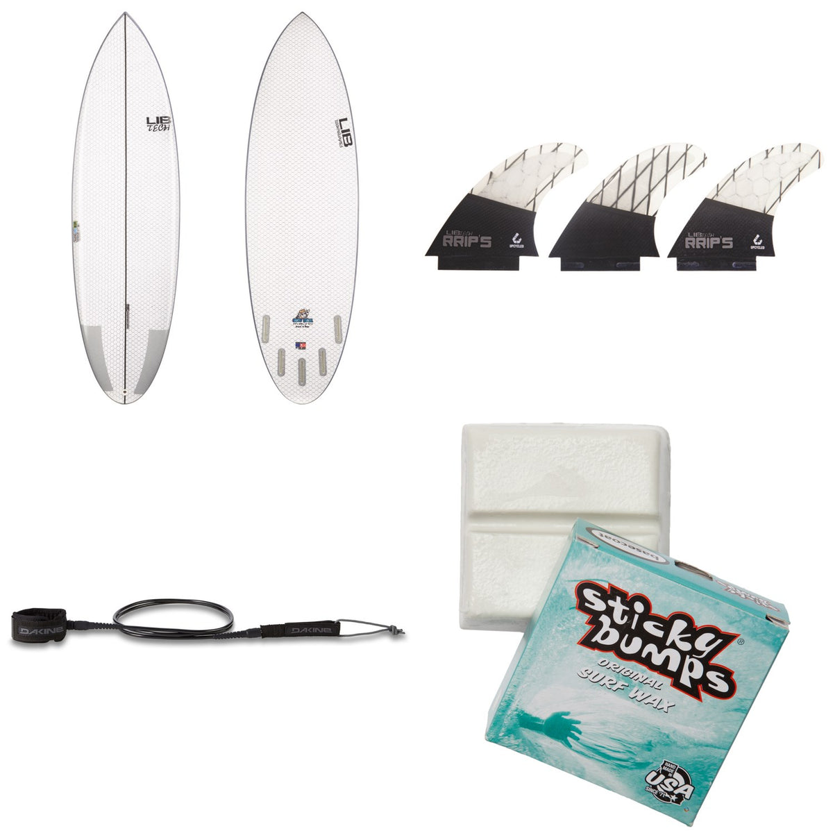 Lib Tech Nude Bowl Surfboard + Lib Tech Tri Medium Fin Set + Dakine Kainui Team 6' Leash + Sticky Bumps Basecoat Wax