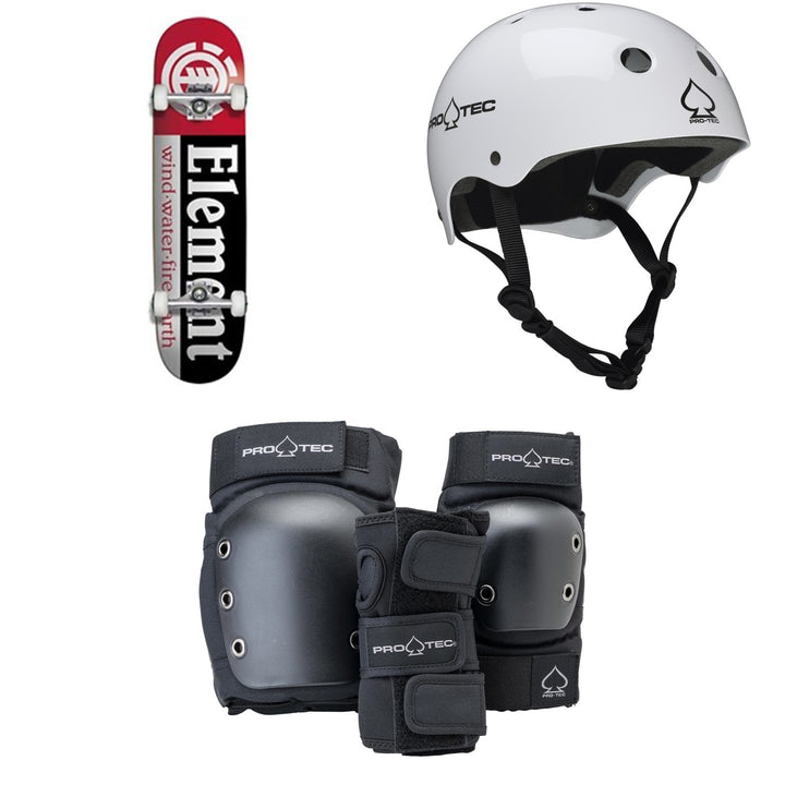 Element Section 7.75 Skateboard Complete + Pro-Tec Classic Skate Skateboard Helmet + Pro-Tec Street Gear Junior Open Back Skateboard Pads