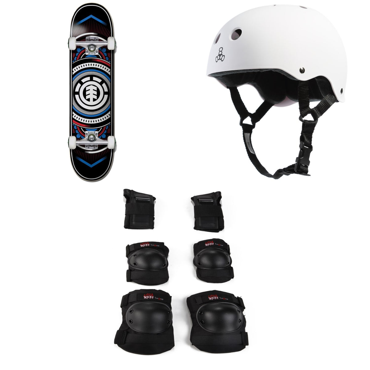 Element Hatched Red Blue 7.75 Skateboard Complete + Triple 8 Sweatsaver Liner Skateboard Helmet + Little Tricky Jr. 3 Pack Skateboard Pad Set