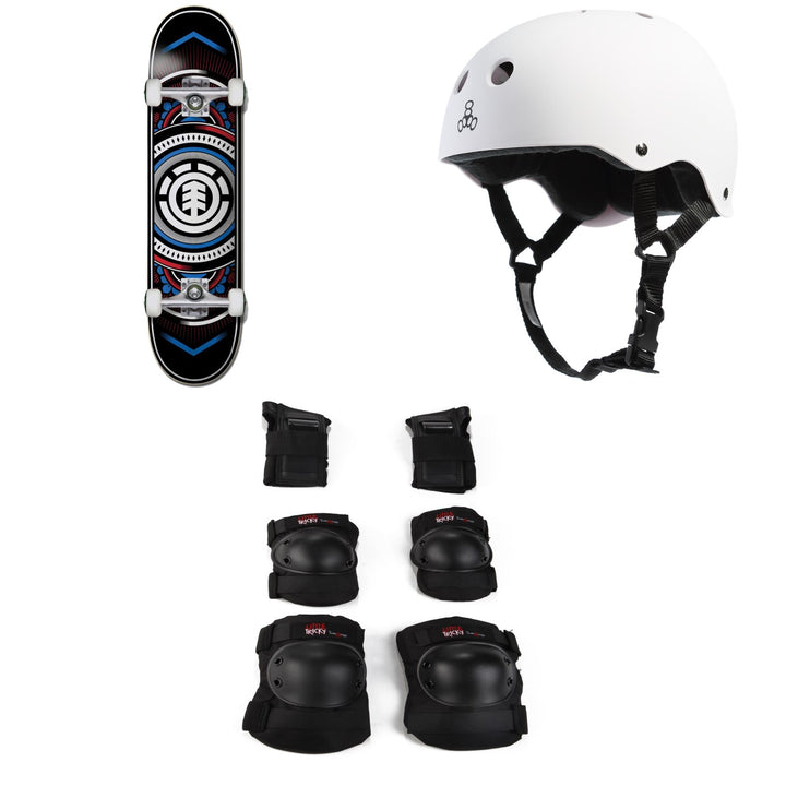 Element Hatched Red Blue 7.75 Skateboard Complete + Triple 8 Sweatsaver Liner Skateboard Helmet + Little Tricky Jr. 3 Pack Skateboard Pad Set