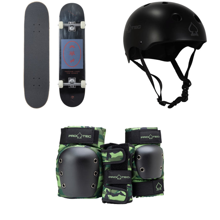 Arbor Whiskey 7.75 Recruit Skateboard Complete + Pro-Tec Classic Skate Skateboard Helmet + Street Gear Junior Open Back Skateboard Pads